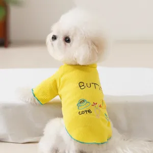 Sommer Dünne Rippstrick Haustier Kleidung Stickerei Kleiner Hund Katze T-Shirt Zweibeinige Bekleidung Atmungsaktiv Welpen Outfit