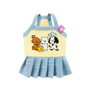 Süßes Sommer Hundekleid mit Cartoonwelpen-Druck und blauem Plissee-Rock für kleine Haustiere.