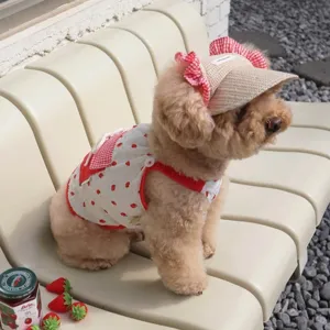 Cute strawberry pet dog clothes summer breathable harness dress and hat set for small puppies.