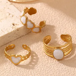 Vintage Edelstahl Ring Set mit weißem Steineinsatz, minimalistische goldene offene Ringe.