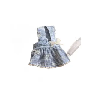Bonito vestido para mascotas a rayas azules y blancas con bordado floral y bonitos lazos para perros.