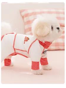 Cute pet dog clothes breathable four-legged jumpsuit with plaid collar and apple print detail.