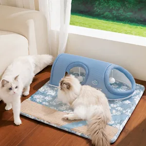 Breathable cat tunnel bed with scratching mat, summer cooling pet maze toy for cats.