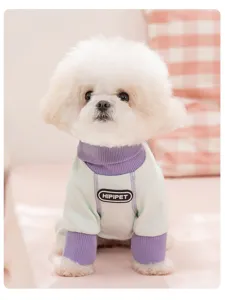 Cute pet four-legged clothes with breathable fabric, purple turtleneck, and stylish design.