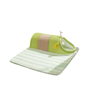 Green cat tunnel bed with scratching mat and toy, breathable summer pet resting tunnel for cats.