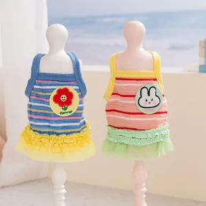 Retro Striped Pet Dress For Dogs And Cats Summer Breathable Cotton Camisole Ruffle Princess Vest Rabbit Floral Patch Apparels