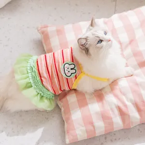 Cute striped pet strap dress with ruffled skirt and rabbit patch for cats and dogs spring summer