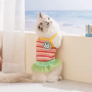 Cute cat dress summer thin breathable striped strap vest with ruffles pet apparel for small dogs