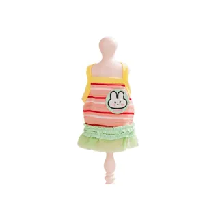 Cute retro striped pet vest for cats and dogs, breathable summer sling clothes with bunny patch.