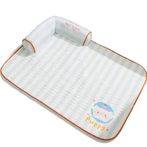 Cooling pet mat for dogs and cats with striped design, soft bolster pillow, orange piping.