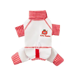 Cute red gingham pet four-leg jumpsuit breathable spring summer dog clothes with cute apple print