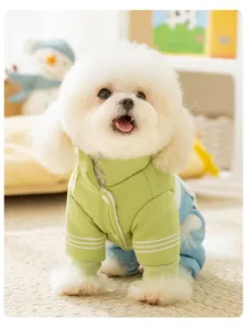 Cute pet winter padded clothes detail view, warm green and blue jumpsuit for small dogs and cats.
