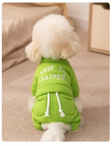 Green pet dog hoodie four-leg warm fleece tracksuit with cute back embroidery design.