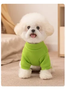 Green turtleneck dog sweater for small dogs and cats, cozy autumn winter fleece pet apparel.