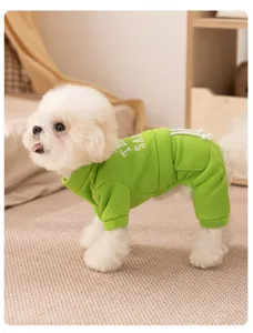 Detailed shot of a green four-leg pet hoodie with soft fleece lining, cozy pet apparel.