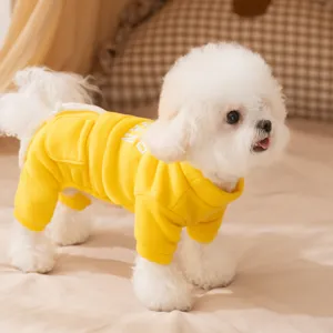 Cute yellow four-legged dog hoodie, warm fleece pet sweatshirt for small dogs, teddy and bichon.