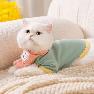 Cute winter pet cat dog clothes set with green shirt and pink knitted scarf warm apparel
