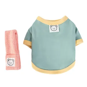 Cute macaron pet clothing set with warm short sleeve shirt and scarf for autumn winter pets