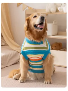 Detail view of the colorful striped dog sweater, warm knitwear for large pets cozy indoor.