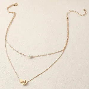 Doppelstufige goldene Halskette mit Perle und Buchstabe D Herz Anhänger Damen Schmuck