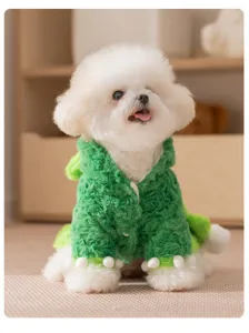 Simpatici vestiti per cani dinosauro verde, felpa in pile calda per cani di piccola taglia.