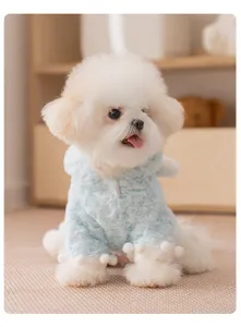 Morbida felpa blu per cani di piccola taglia con pon-pon, abbigliamento invernale caldo.