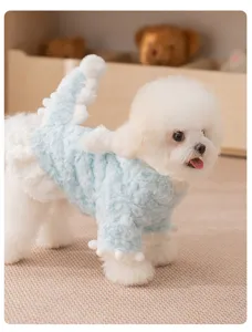 Carino costume da cane dinosauro di peluche blu vestiti a due zampe per cani di taglia piccola.