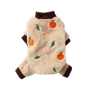 Lindo mameluco de forro polar para perro con bordado de naranja, ropa cálida de invierno para mascotas.