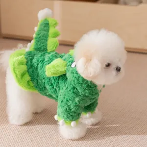 Carino costume da cane dinosauro verde per piccoli cani, vestiti invernali caldi in peluche.