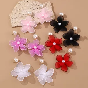 Pendientes de Botón de Flor de Malla de Doble Capa Elegantes Para Mujer Pendientes Florales Botánicos de Simulación Grandes y Simples Con Poste de Acero Inovidable Detalle de Perla Artificial Pendientes de Moda Diaria Regalo