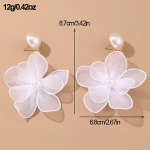 Pendientes de flores de malla de doble capa con perla, elegante accesorio de joyería.