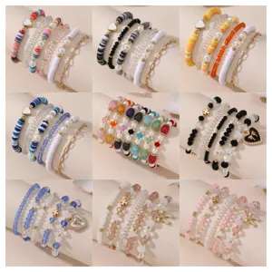 Buntes Polymer-Ton Perlen Armband Set Für Damen Handgefertigte Künstliche Perle Strass Herz Schleife Anhänger Boho Schmuck Armband