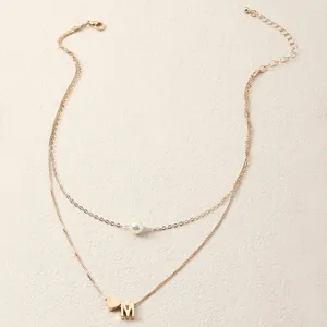 Goldene doppellagige Halskette mit Perle und Buchstabe M Herz Anhänger Damenschmuck