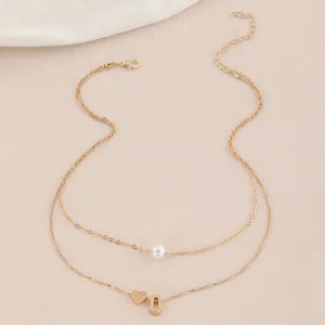 Doppelketten Gold Halskette mit Perle und Herz Buchstabe Anhänger Damen Modeschmuck
