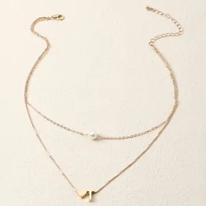 Zweilagige goldene Halskette mit Perle und Buchstabe T Anhänger für Damen Modeschmuck