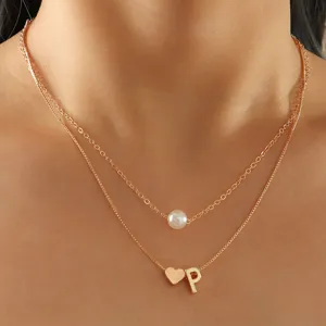 Doppellagige goldene Halskette mit Perle und Buchstabe P Herz Anhänger für Damen Modeschmuck
