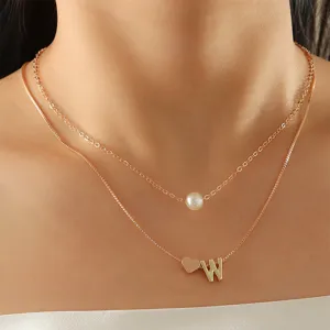 Doppelte goldene Halskette mit Perlenanhänger, Herz und Buchstabe W Anhänger für Damen.