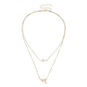 Doppelreihige goldene Halskette mit Perle, Herz und Buchstabe L Anhänger Damen Schmuck.