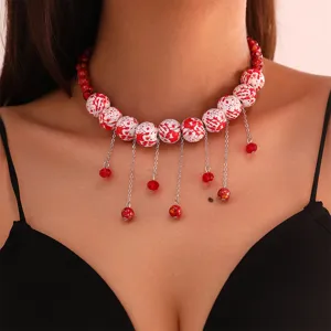 Halloween Vintage Red Beads Tassel Choker Necklace For Women Alloy Resin Blood Splatter Style Chain Festive Costume Party Jewelry Gift
