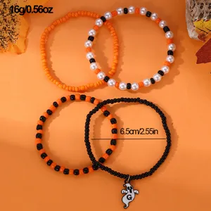 Set braccialetto con perline di Halloween per donne, gioielli con ciondolo fantasma arancione nero