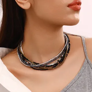 Multi-layer beaded choker necklace, bohemian style multi-strand collar necklace for women.