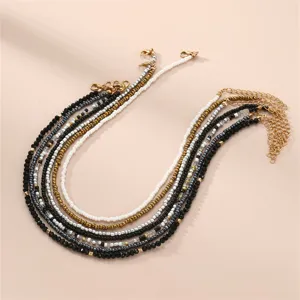 Layered beaded choker necklace set, bohemian style multi-strand necklace for women, 7-piece.