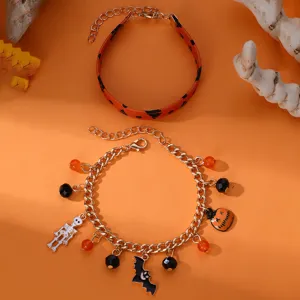 Set braccialetti Halloween con ciondoli zucca pipistrello scheletro, stile metallo e tessuto.