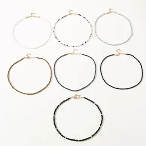 Detail view of a 7-piece bohemian seed bead choker necklace set, stylish collar necklaces.