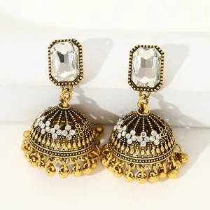 Boucles d'oreilles Jhumka Indiennes Vintage Ethnique Or Zircone Strass Bijoux Femme