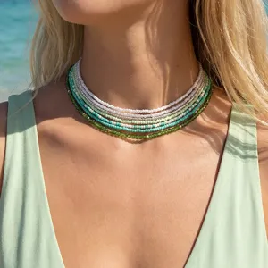 Bohemian multi-layer seed bead choker necklace set for women, green crystal detail