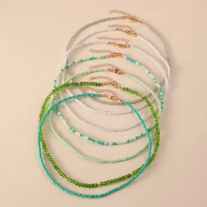 Bohemian seed bead necklace set for women, colorful short clavicle chains 7-piece pack.
