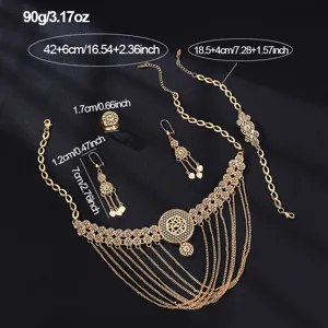 Elegantes hohles Kupfer Schmuckset Halskette Ohrringe Armband Ring mit Größendetails.