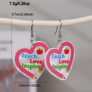 Boucles d'oreilles cœur en résine thème enseignant crayon pomme, bijoux quotidiens légers.