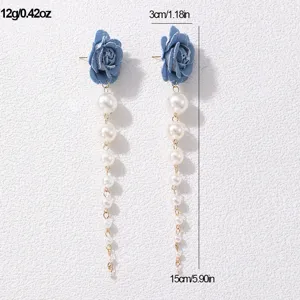 Blaue Jeansstoff Rosen Blume Perlen Quaste lange Ohrhaenger fuer Damen elegante Mode